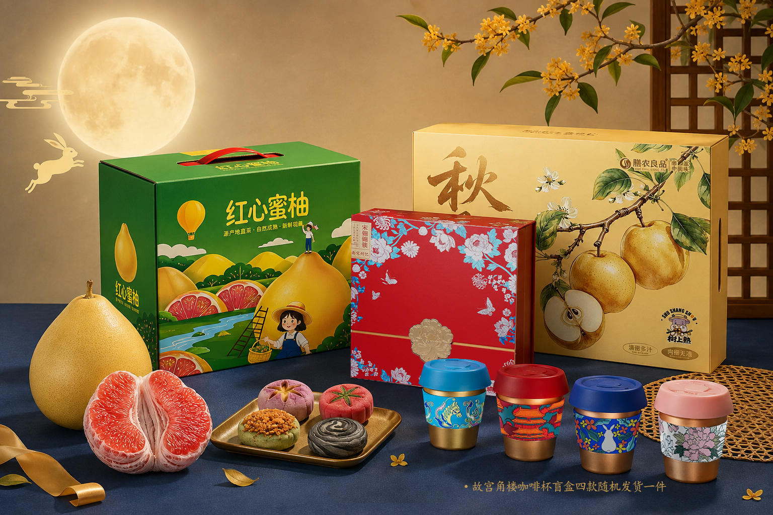 杭电中秋慰问品组合：红心蜜柚、秋月梨、月饼及故宫角楼咖啡杯盲盒，盲盒四款随机发货一件